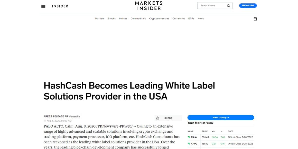 HashCash Becomes Whitelabel Solutions Provider in USA
