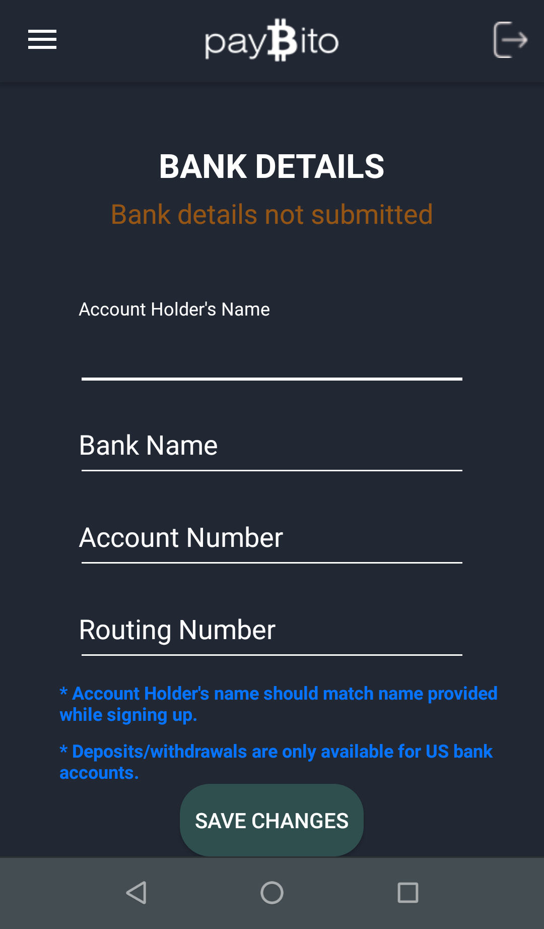 paybito app bank details