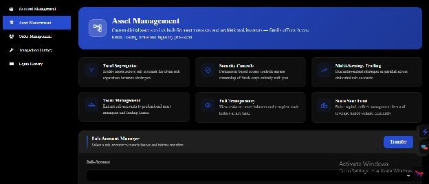 Crypto asset management dashboard with sub-account manager, team management and trading controls