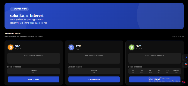 Crypto earn interest product interface showing supported assets, terms and rewards