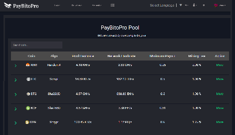 Crypto mining pool dashboard showing pool hashrate, workers, shares and rewards