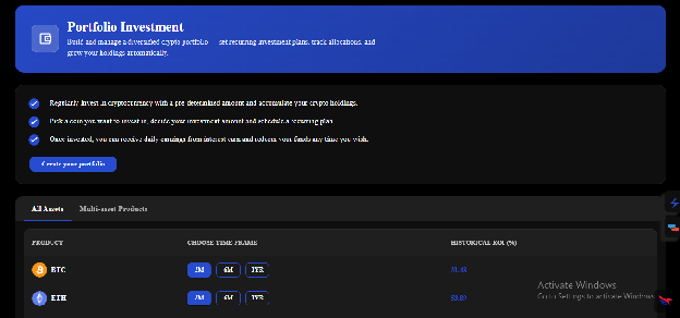 Crypto portfolio investment interface with all assets, multi-asset products and historical ROI