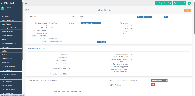 Exchange administration panel showing customer KYC records and verification status