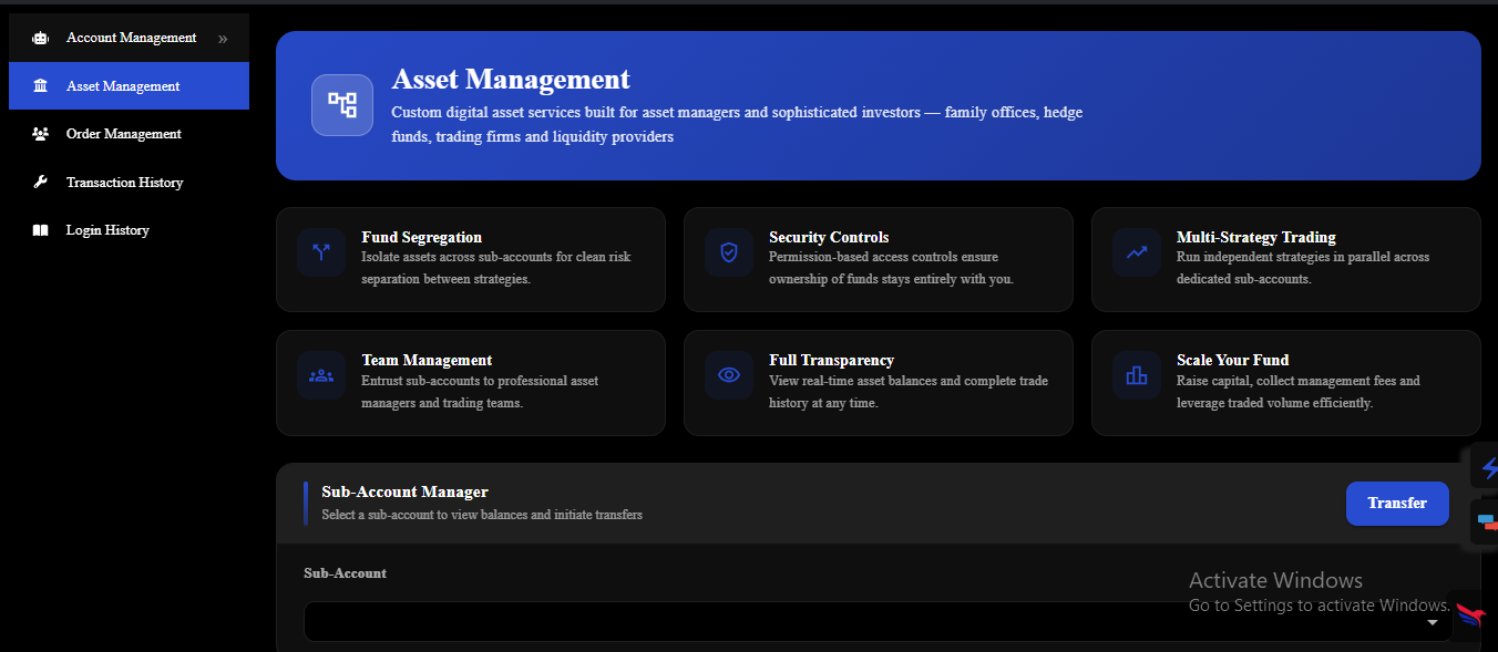 HashCash exchange asset management dashboard showing sub-accounts, fund segregation and security controls